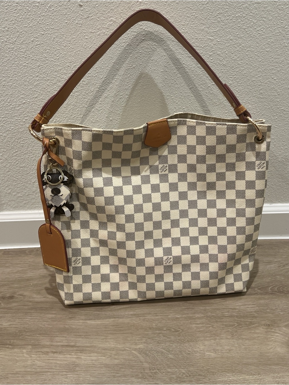 Cream Checkered Tote Bag with Tan Trim